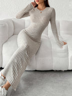 Elegant Women'S Solid Color Round Neck Long Sleeve Minimalist Casual Dress - Khaki