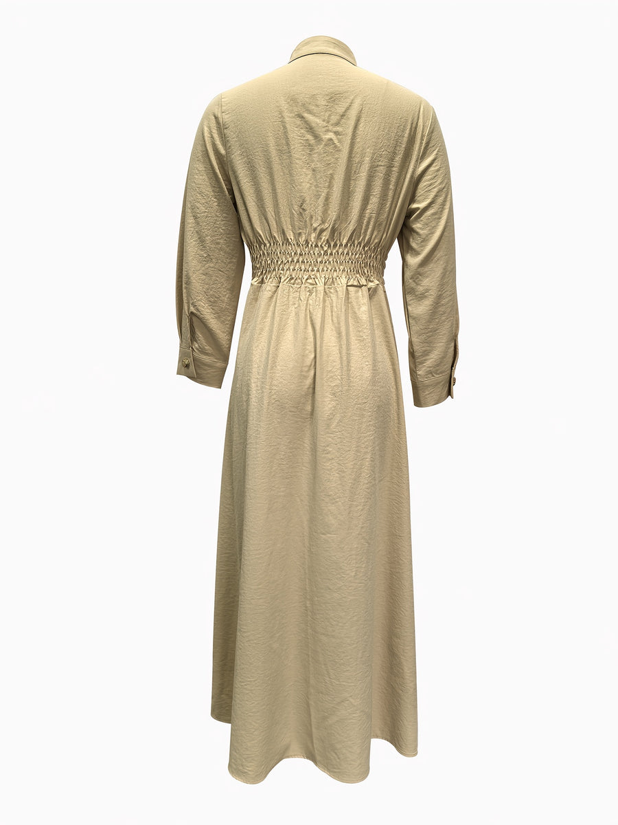 Fashion Women'S Classic Stand-Up Collar Single-Breasted Dress Elegant Ruffled Patchwork Long-Sleeved Dress Long Spring And Autumn 12010 - Apricot