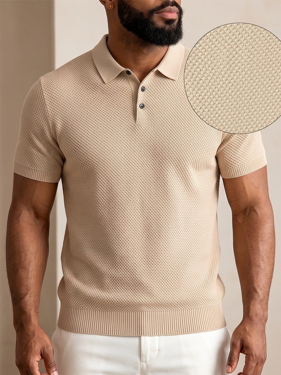 Men's Mature Business Style Knit Polo Shirt, 100% Pure Fabric, Breathable and Skin-friendly. Honeycomb Texture Jacquard Design, Simple Solid Color, Paired with a Three-button Lapel Collar, Clean Cut for a Flattering Fit. Suitable for Summer Commuting - Khaki