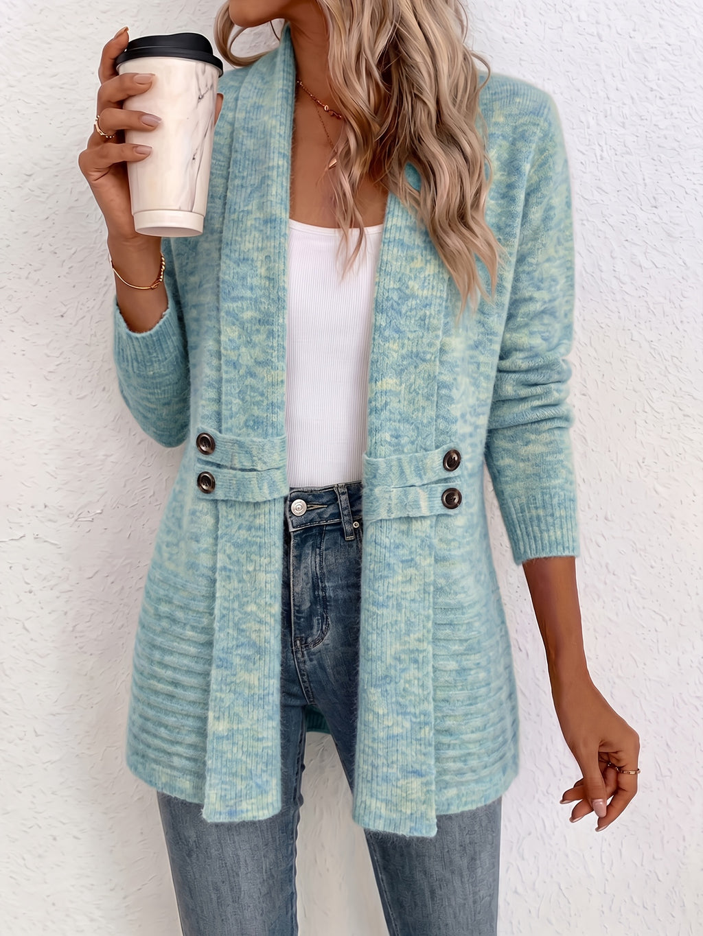Beautiful Women's Spring/autumn Casual Double-breasted Decorative Belt Cardigan, Shawl and Cinched-waist Design, Versatile Mid-length Open-front Sweater in a Relaxed Style, Elegant and Fashionable Loose Outerwear, Perfect for Daily Commutes or Casual - Blue Green Yellow