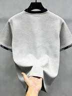 [Pearson OBM] Men'S Spring Summer Short Sleeve Golf Sweater Light Luxury Premium V-Neck Skin-Friendly T-Shirt, Heavyweight Mini Waffle Texture Fabric Contrast Striped Double-Layer Collar Fashion Polo Shirt, Knit - nc gray
