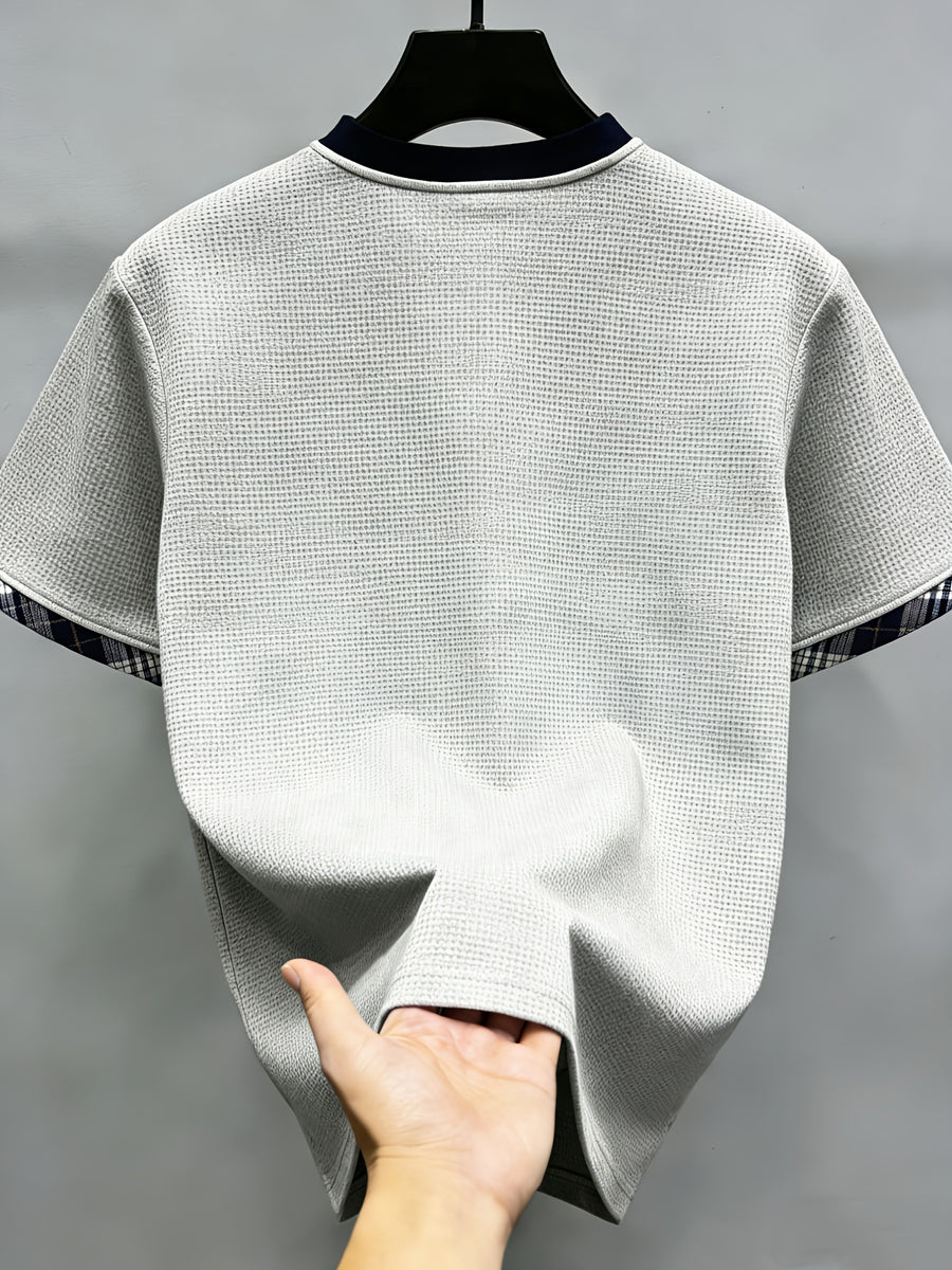 [Pearson OBM] Men'S Spring Summer Short Sleeve Golf Sweater Light Luxury Premium V-Neck Skin-Friendly T-Shirt, Heavyweight Mini Waffle Texture Fabric Contrast Striped Double-Layer Collar Fashion Polo Shirt, Knit - nc gray