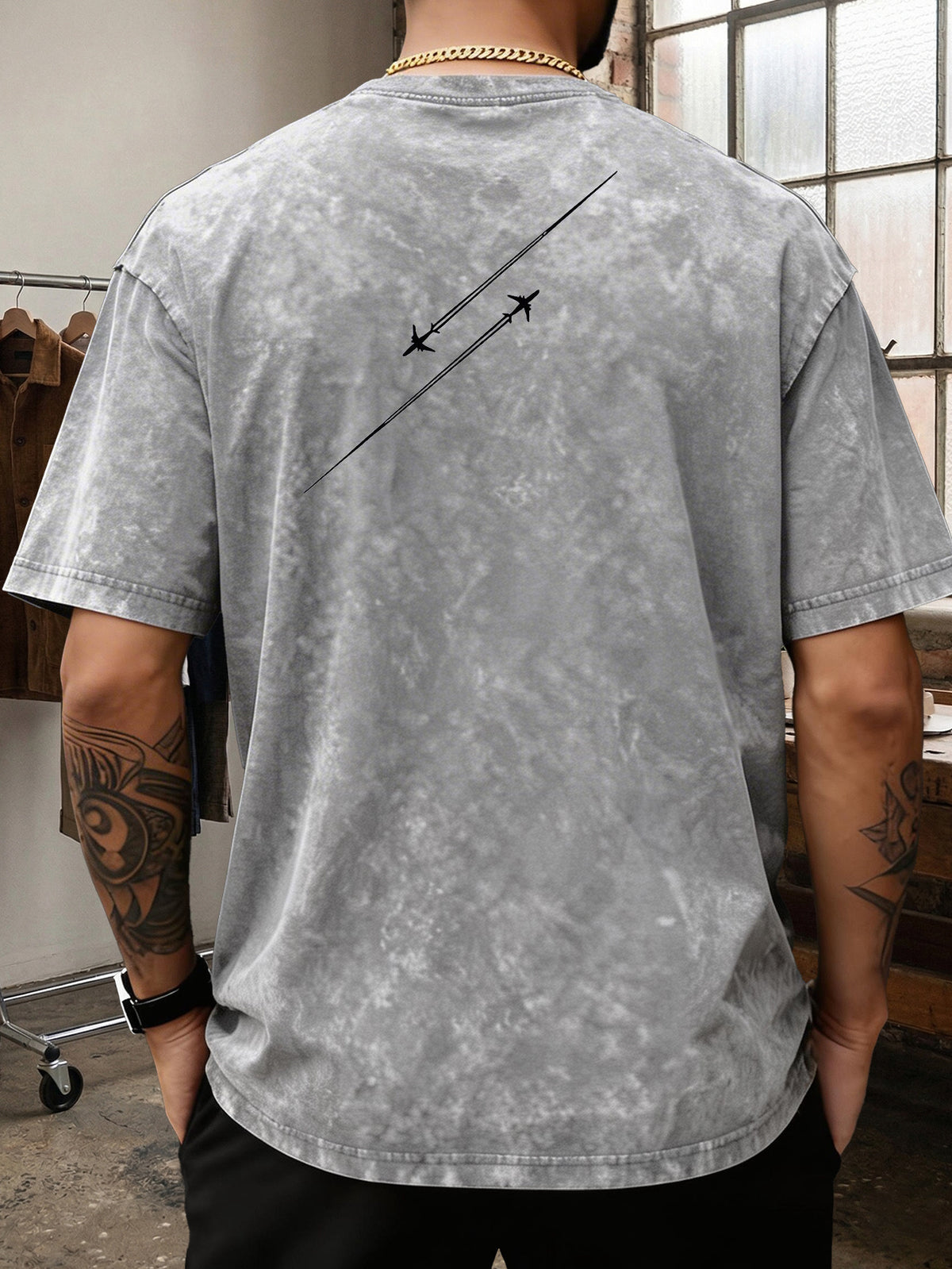 Men'S Heavyweight Washed T-Shirt Minimalist Airplane Line Art Print High Street Vintage Distressed Tee 2026 Summer Casual Urban Wear - Grey