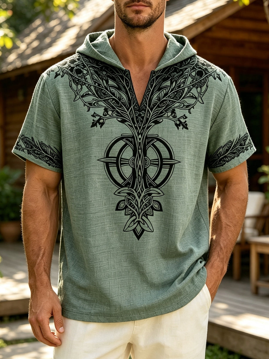 26 Styles Summer Men'S Loose Faith Rune Print Hooded Hip-Hop Trendy Short Sleeve, Casual Commute, Outing Shopping - Olive Green