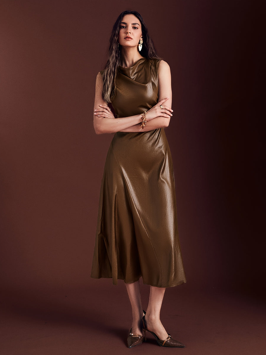 Women'S Sleeveless Dress, Off-Shoulder Waist-Cinching Flared High-End Texture Liquid Lustrous Long Dress, Suitable for Evening Parties, Annual Meetings, And Formal Wear, Comfortable And Body-Shaping - 【Brown】