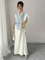 Women'S Summer Elegant Casual Robe, Floral Print V-Neck, Slit Long Dress - Blue