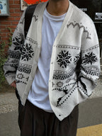Men's Winter Snowflake and Elk All-Over Print V-Neck Button-Up Long Sleeve Cardigan, Unisex Casual Versatile Loose Sweater Jacket for Spring, Autumn, and Winter - Grey