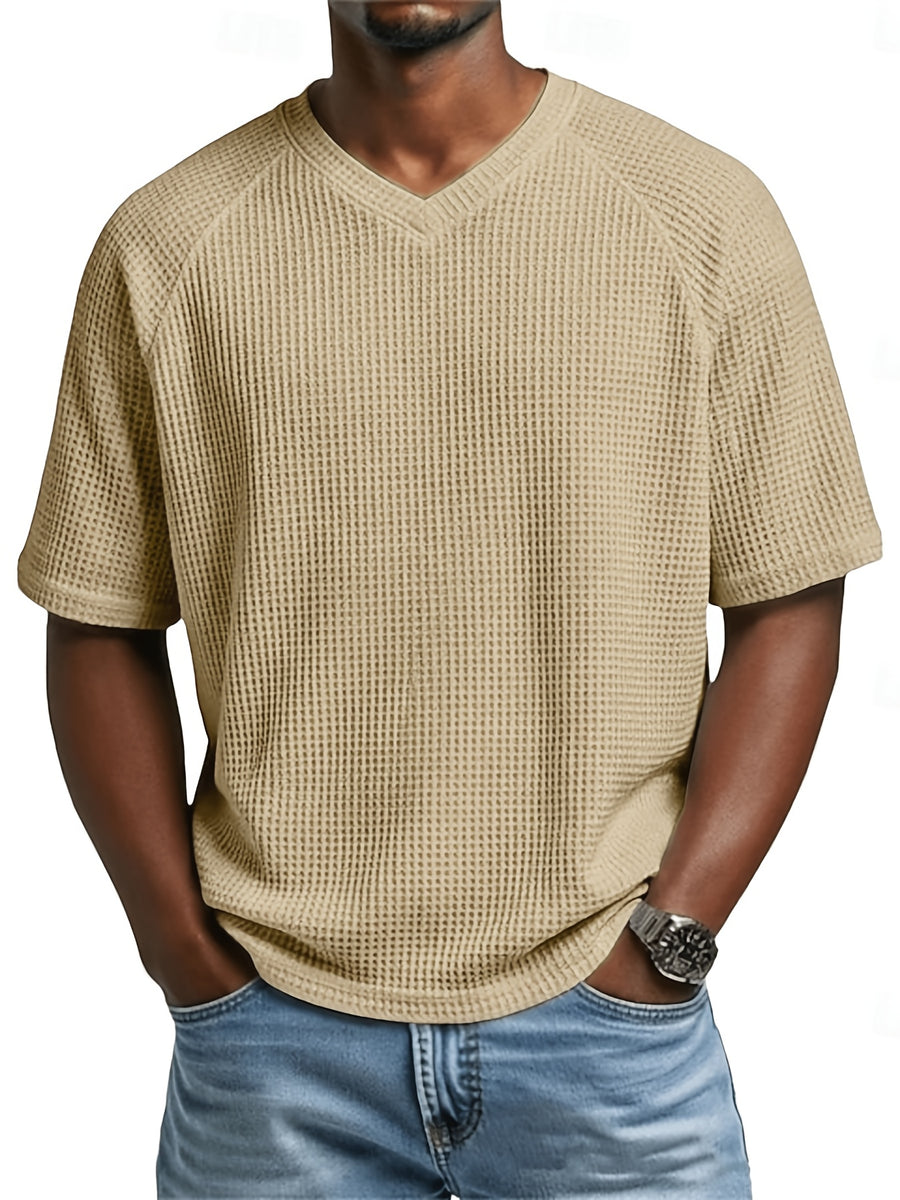 Men's Minimalist Waffle Knit V-Neck Short Sleeve Casual Breathable Sports Vacation Beach Raglan Sleeve Herringbone T-Shirt - Khaki