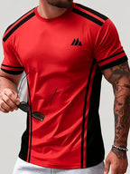 Men'S Trendy Casual Sports T-Shirt, Yellow Black Contrast Striped Mountain Peak Small Label Print Design, Fashionable Thin Breathable T-Shirt, Machine Washable Casual Short Sleeve Top - Mixed Color 2
