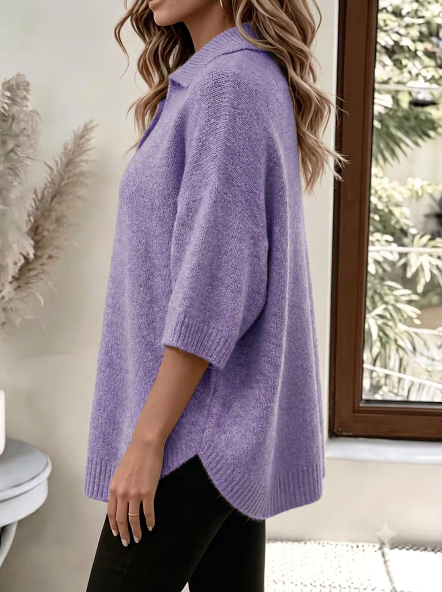 Plus Size - Women'S Elegant Casual Cute Sexy Bohemian Style Spring Autumn Solid Color V-Neck with Lapel 3/4 Sleeve Curved Hem Slit Irregular Loose Soft Warm Shawl Cape Pullover Sweater Top - Dark Violet