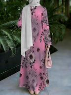 Women'S Hot Middle Eastern Style Muslim Elegant Robe, Pink-Purple Gradient Sunflower Full Print Long Robe, Loose Straight Long Sleeve, Holiday Prayer Shopping Wear, Flowing Comfortable Non- Craft - Mixed colors