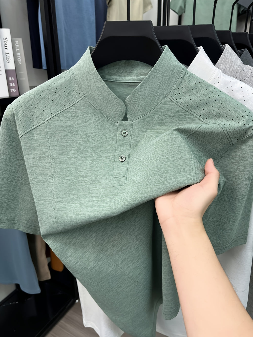 Men's New Summer Casual Stand Collar T-Shirt, Simple and Stylish Thin Breathable Versatile Short Sleeve Tee - Green