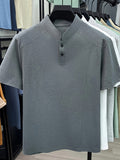 Men's Summer Short-Sleeve Stand Collar T-Shirt - Breathable Small Base Layer Shirt, Solid Color Business Casual Top Suitable for Daily Work Wear, Machine Washable & Dry Cleanable, Asymmetrical Hem - Grey