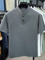 Men's Summer Short-Sleeve Stand Collar T-Shirt - Breathable Small Base Layer Shirt, Solid Color Business Casual Top Suitable for Daily Work Wear, Machine Washable & Dry Cleanable, Asymmetrical Hem - Grey