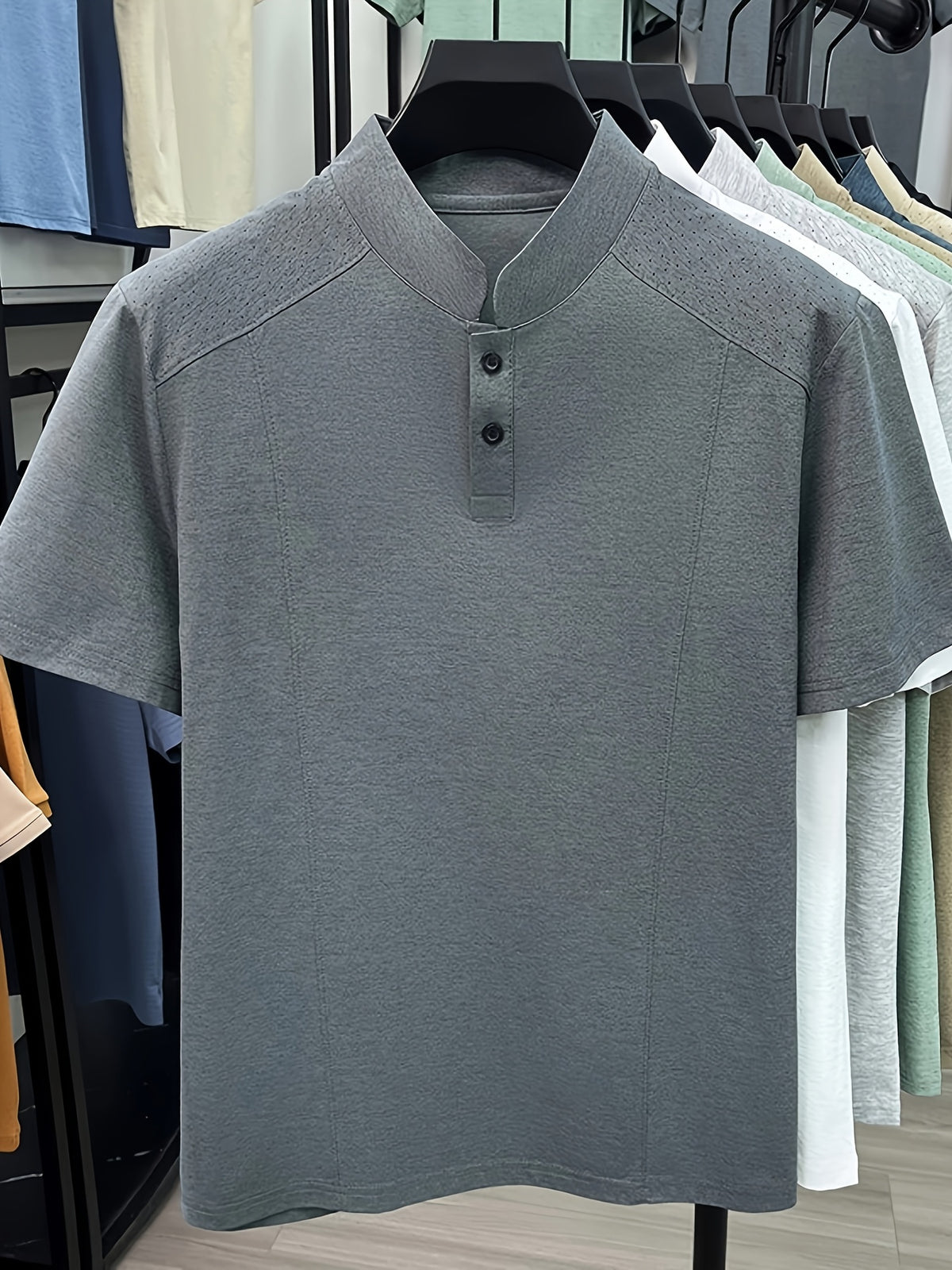 Men's Summer Short-Sleeve Stand Collar T-Shirt - Breathable Small Base Layer Shirt, Solid Color Business Casual Top Suitable for Daily Work Wear, Machine Washable & Dry Cleanable, Asymmetrical Hem - Grey