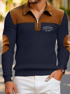 Men'S Fashion Long-Sleeve Polo, Casual Textured Ribbed Sweatshirt, Polo Collar Zipper Design Contrast Color Long-Sleeve Men'S Casual Knit Sweater - Navy Color