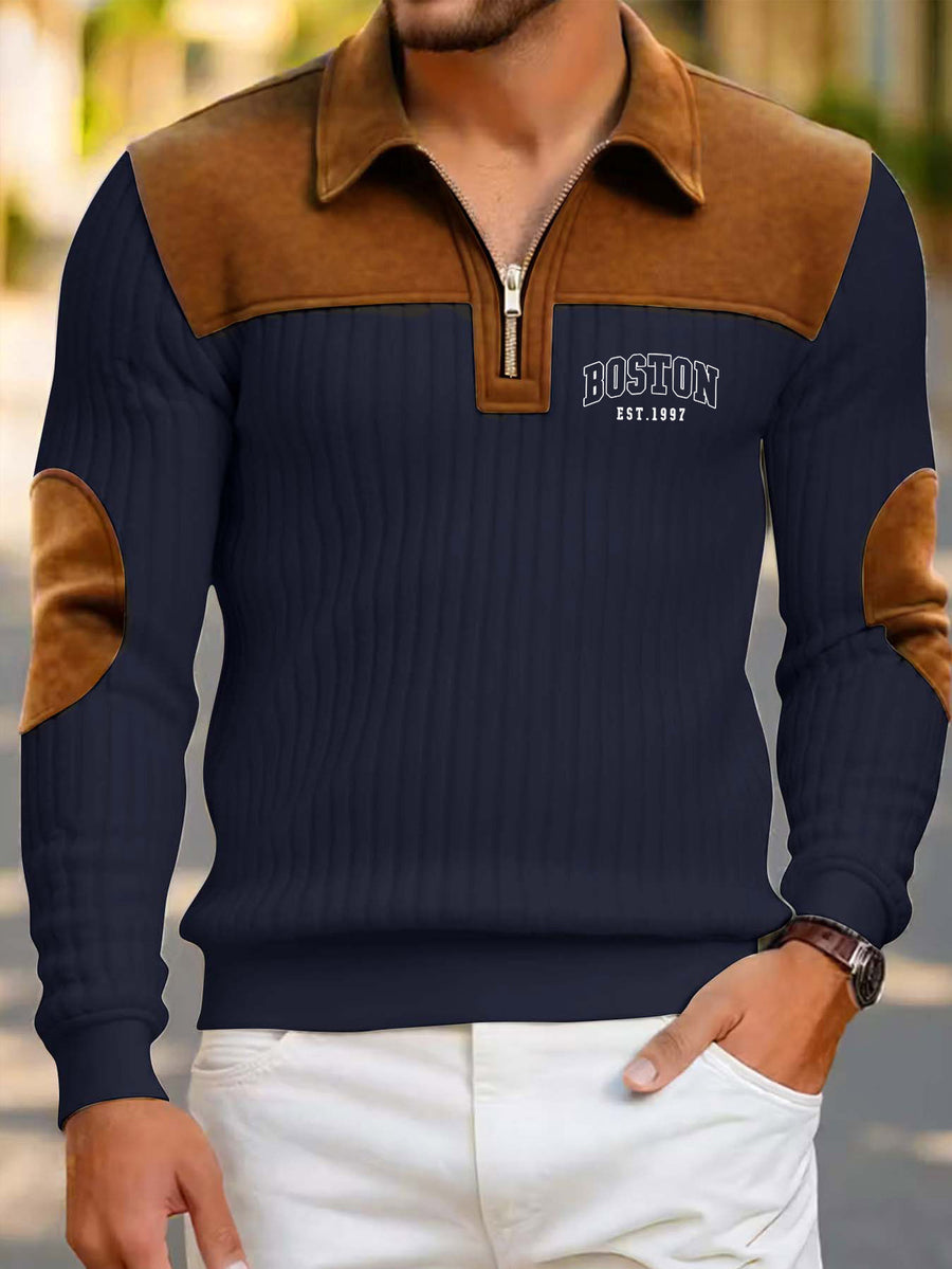 Men'S Fashion Long-Sleeve Polo, Casual Textured Ribbed Sweatshirt, Polo Collar Zipper Design Contrast Color Long-Sleeve Men'S Casual Knit Sweater - Navy Color