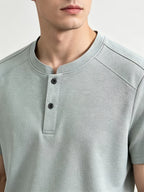 Men'S Solid Black Split Shoulder Mandarin Henley Collar Short Sleeve Top, Summer Office Daily Commute Golf City Street Outfit, Stretch Wrinkle Resistant Cooling Breathable 2-Button Tee, Middle-Aged Gentleman Business Casual Outfit, Minimalist Stand - Water Blue