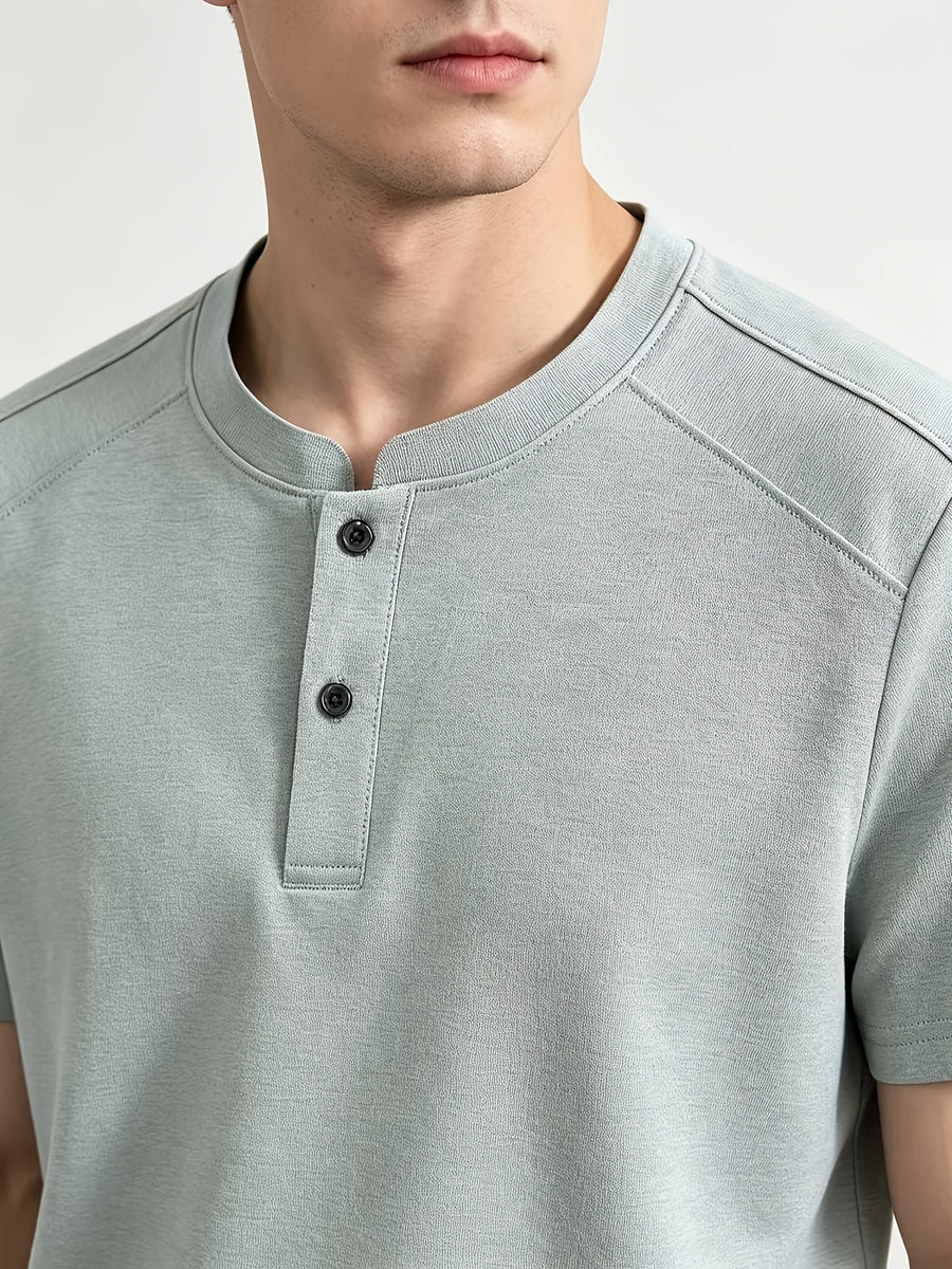 Men'S Solid Black Split Shoulder Mandarin Henley Collar Short Sleeve Top, Summer Office Daily Commute Golf City Street Outfit, Stretch Wrinkle Resistant Cooling Breathable 2-Button Tee, Middle-Aged Gentleman Business Casual Outfit, Minimalist Stand - Water Blue