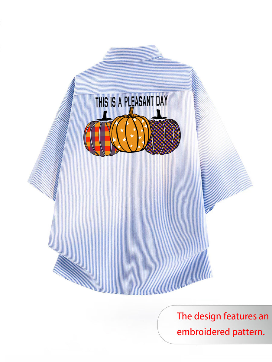 Summer Thin Fashion New Easy Fun Cartoon Back Print Lapel Short Sleeve Striped Loose Casual Shirt - Light Blue