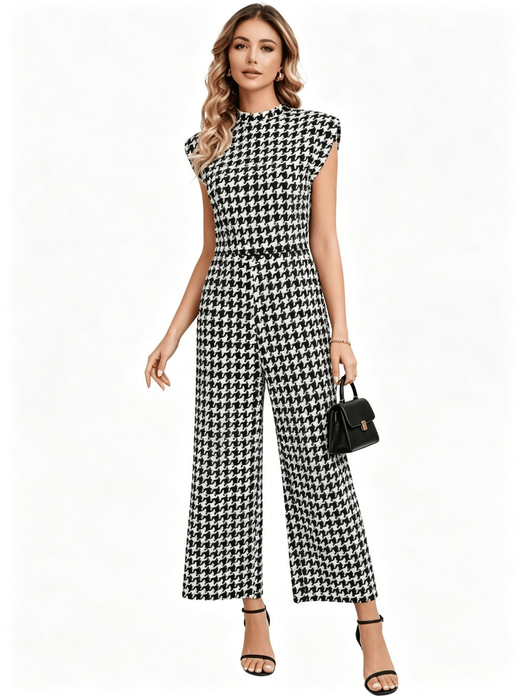 Women'S Fashion Printed Jumpsuit, Round Neck Design, Trendy Casual, Suitable for Spring Summer Fall, Zipper Style, Ideal for Casual Wear - Black