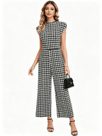 Women'S Fashion Printed Jumpsuit, Round Neck Design, Trendy Casual, Suitable for Spring Summer Fall, Zipper Style, Ideal for Casual Wear - Black
