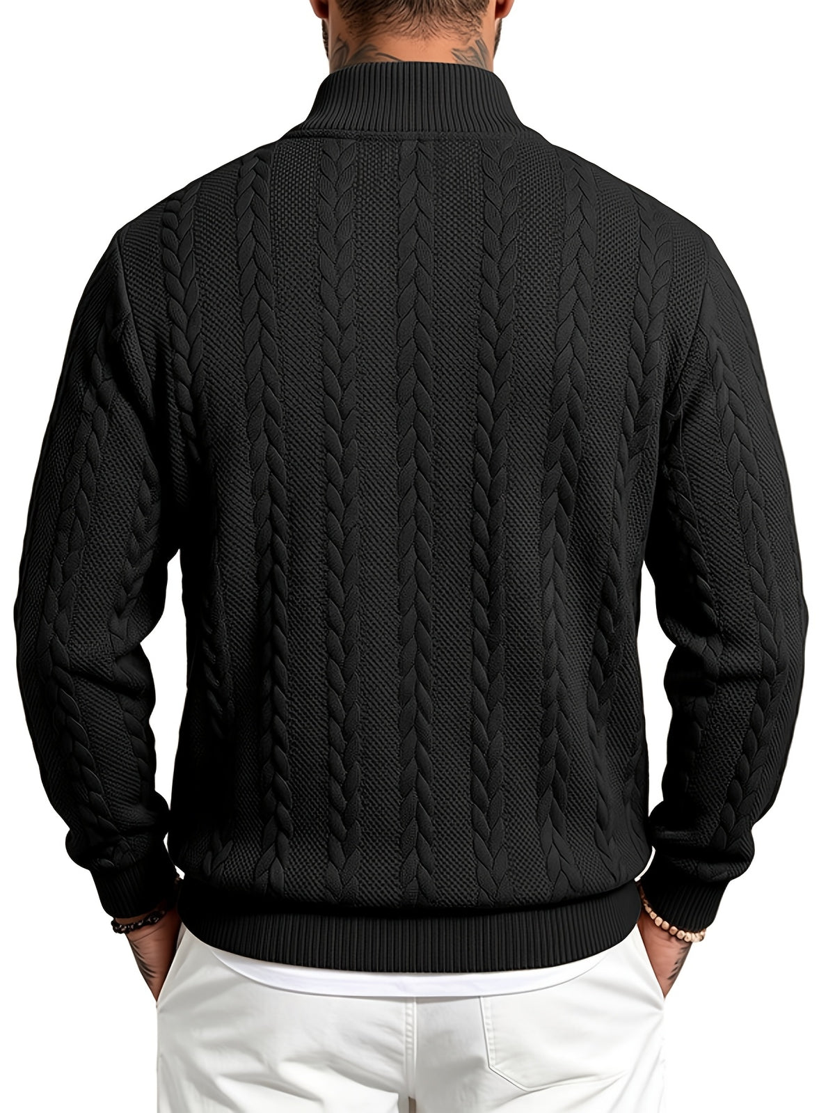 Whale Crossing OBM Men's Spring, Autumn, Winter Classic Fashion Italian Milanese Label Knitted Cable Knit Stand Collar Sweatshirt - Black