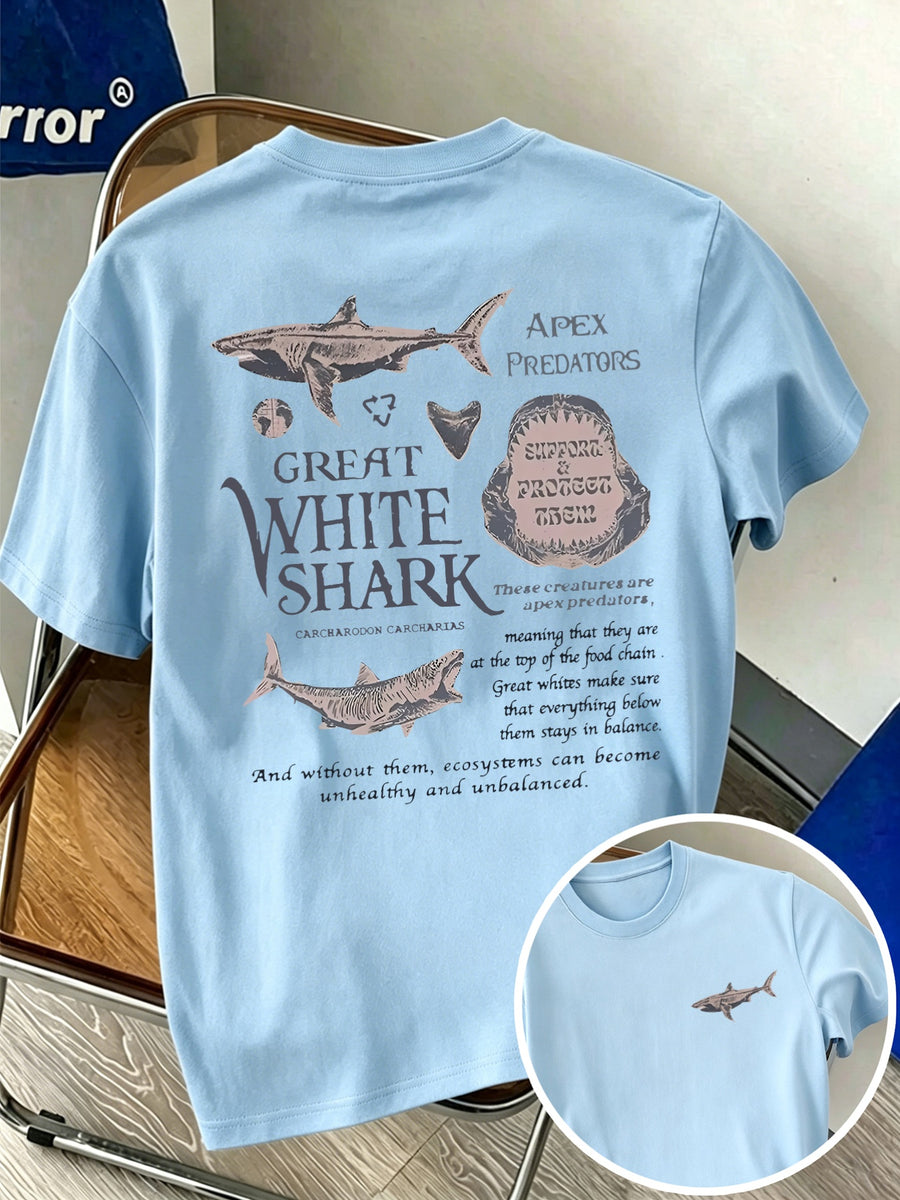 New Men's 100% Pure Cotton T-Shirt with Shark Print, Comfortable and Breathable, Versatile for Summer Casual Wear - Light Blue Color