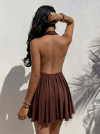 Women's Spring/Summer Vacation Style New Solid Color Halter Neck Spaghetti Strap Backless Deep V-Neck Sexy Fashion Dress - Coffee Color