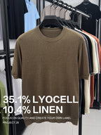 35.1% Lyocell And 10.4% Linen High-Quality Light Luxury Men'S Short Sleeve Round Neck Pullover Knit T-Shirt Fashion Casual Suitable for Outdoor Sports Golf Base Layer Floral Yarn Knit Fabric Collar Rolled Edge Craft Easy Commute Light Business Style - Khaki