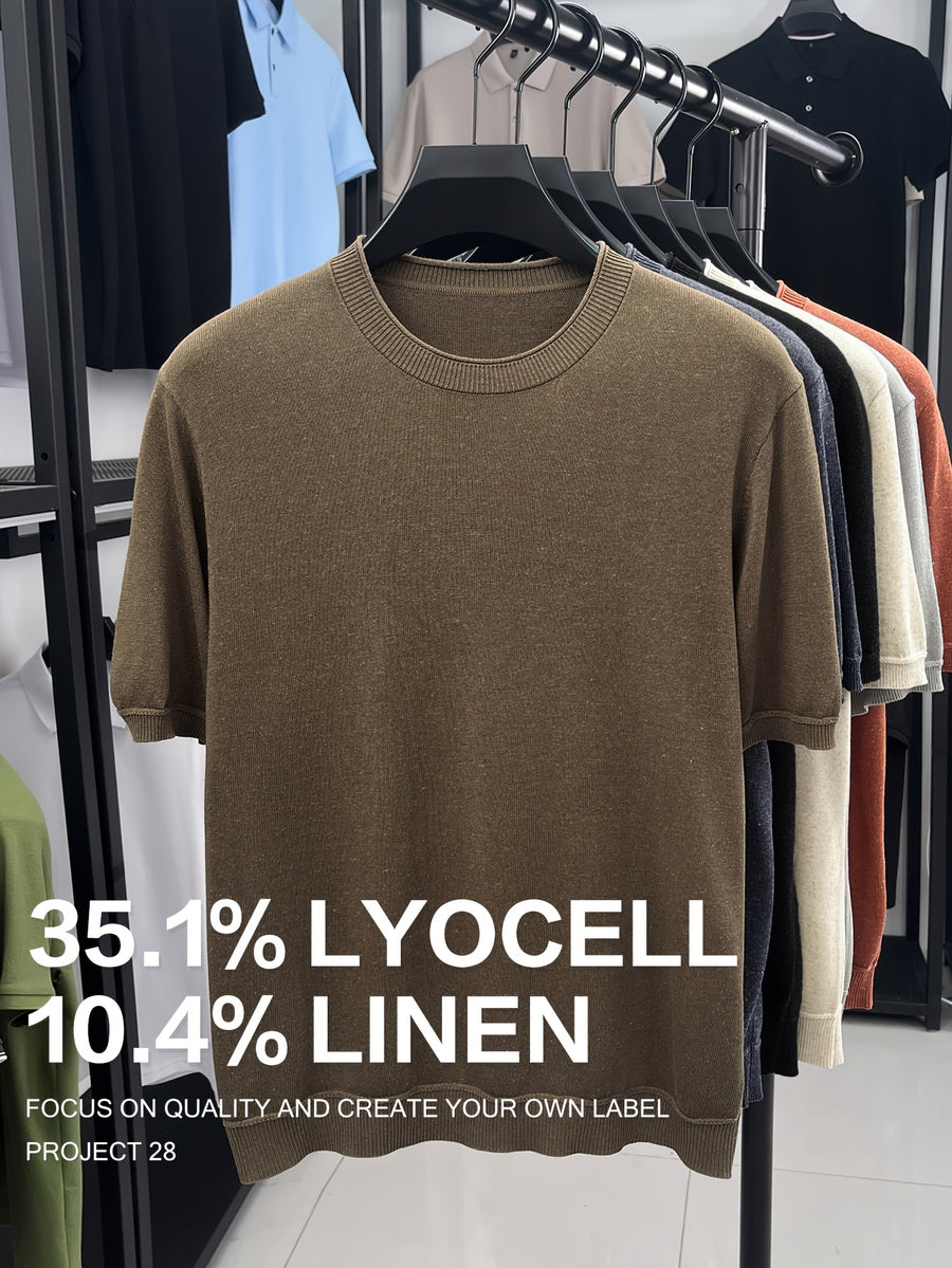 35.1% Lyocell And 10.4% Linen High-Quality Light Luxury Men'S Short Sleeve Round Neck Pullover Knit T-Shirt Fashion Casual Suitable for Outdoor Sports Golf Base Layer Floral Yarn Knit Fabric Collar Rolled Edge Craft Easy Commute Light Business Style - Khaki