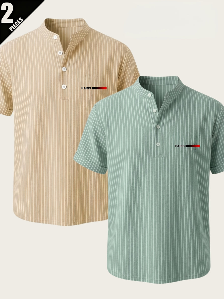 2pcs Men'S Striped Henley Shirt Set, PARIS Chest Print Short Sleeve Shirt, Lightweight Breathable Regular Fit, Suitable for Casual Wear, Travel, And Layering - Green+Khaki