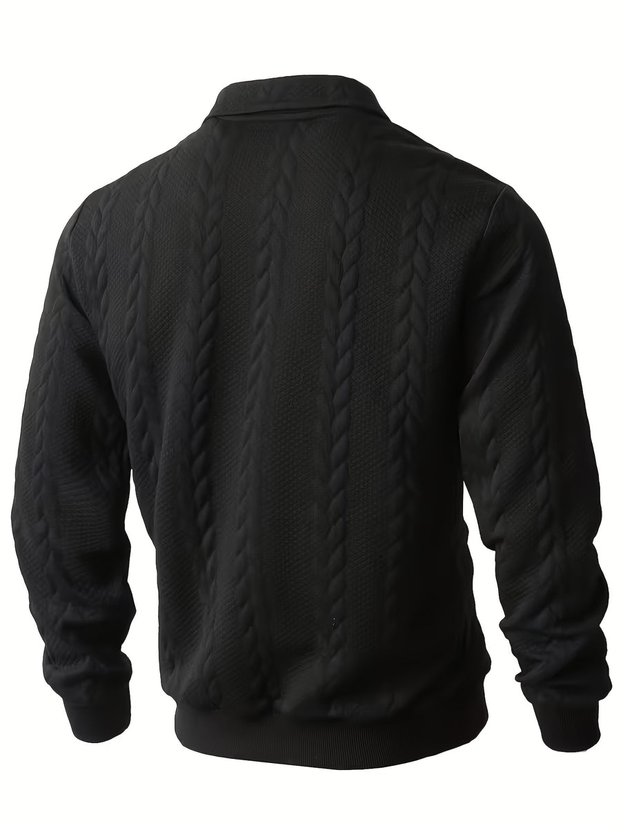 Autumn Winter Men'S Zipper Lapel Sweatshirt, Fashion Jacquard Long Sleeve Collared Shirt - Black