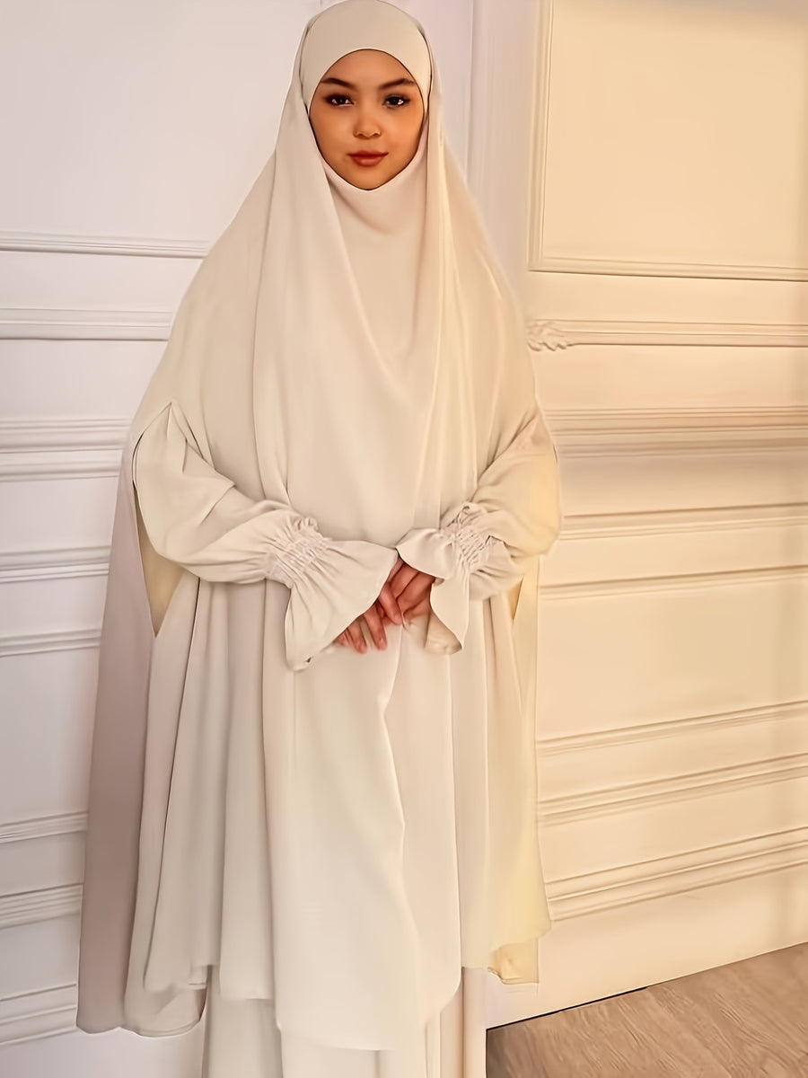 Abaya Middle Eastern Islamic Clothing Loose Comfortable Robe Headscarf with Long Sleeve Dress Two-Piece Set P403 - Apricot