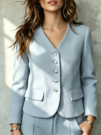 Women'S V-Neck Cropped Blazer, Long Sleeve Metal Button Decor Jacket with Lace Neck Strap, Elegant Slim Fit Office Daily Casual Outerwear - Light Blue