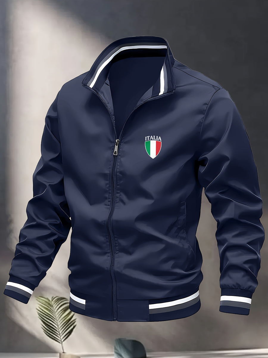 Men's Italian Shield Logo Baseball Jacket - High Collar Winter Warm Zipper Outerwear, Italian Shield Emblem & Ribbed Stripes, Machine Washable Fall/Winter Jacket for Casual & Wear - Starry Blue