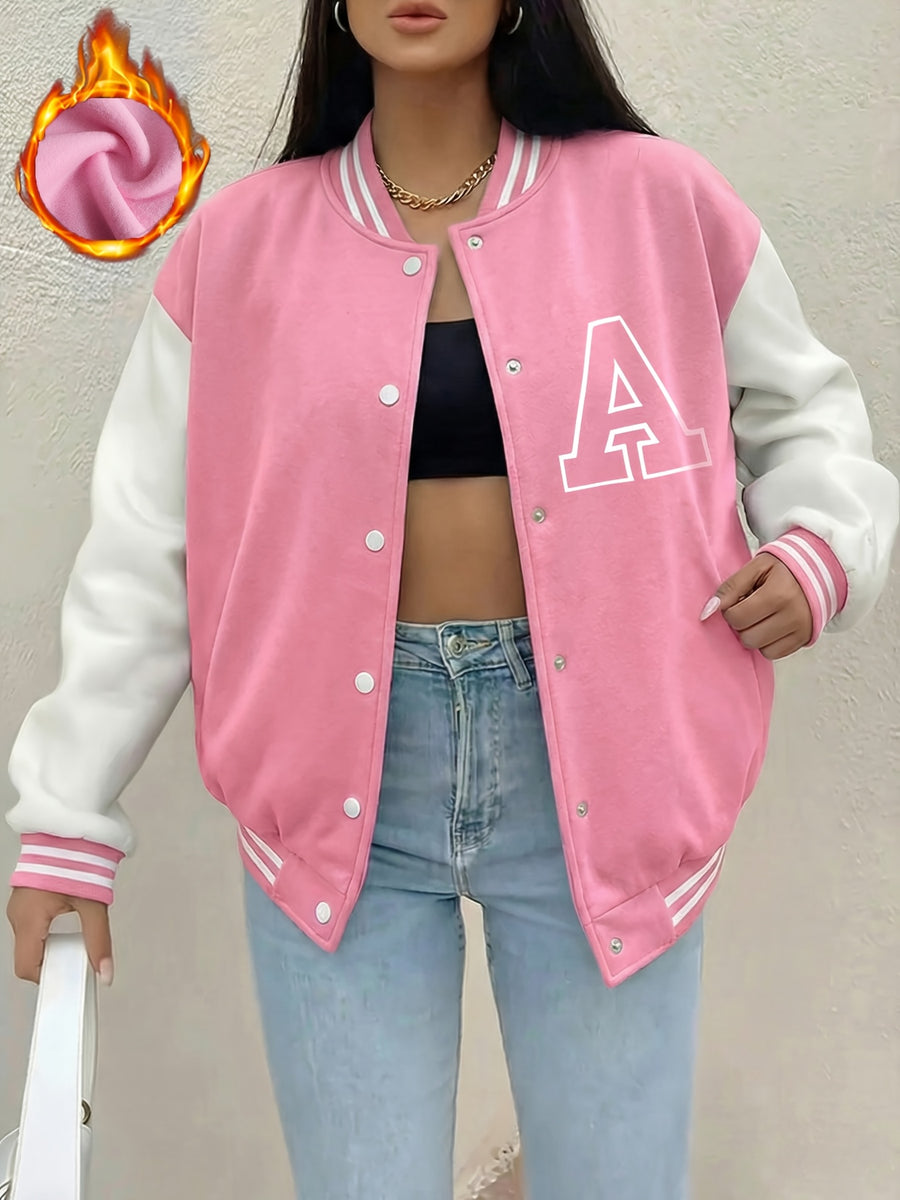 Women'S Fleece Baseball Jacket with Street-Style Letter A Print, Featuring Snap Buttons, Perfect for Casual Outdoor Sports in Autumn And Winter, Suitable for Everyday Wear - Pink Color