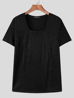INCERUN Men Square Neck T-Shirt Short Sleeve Basic Tops Holiday Casual Solid Color Tops - Black