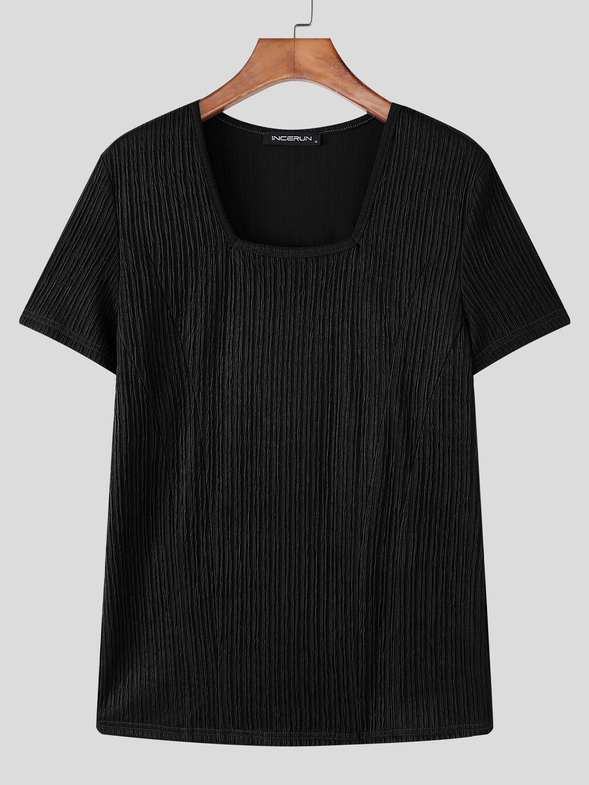INCERUN Men Square Neck T-Shirt Short Sleeve Basic Tops Holiday Casual Solid Color Tops - Black
