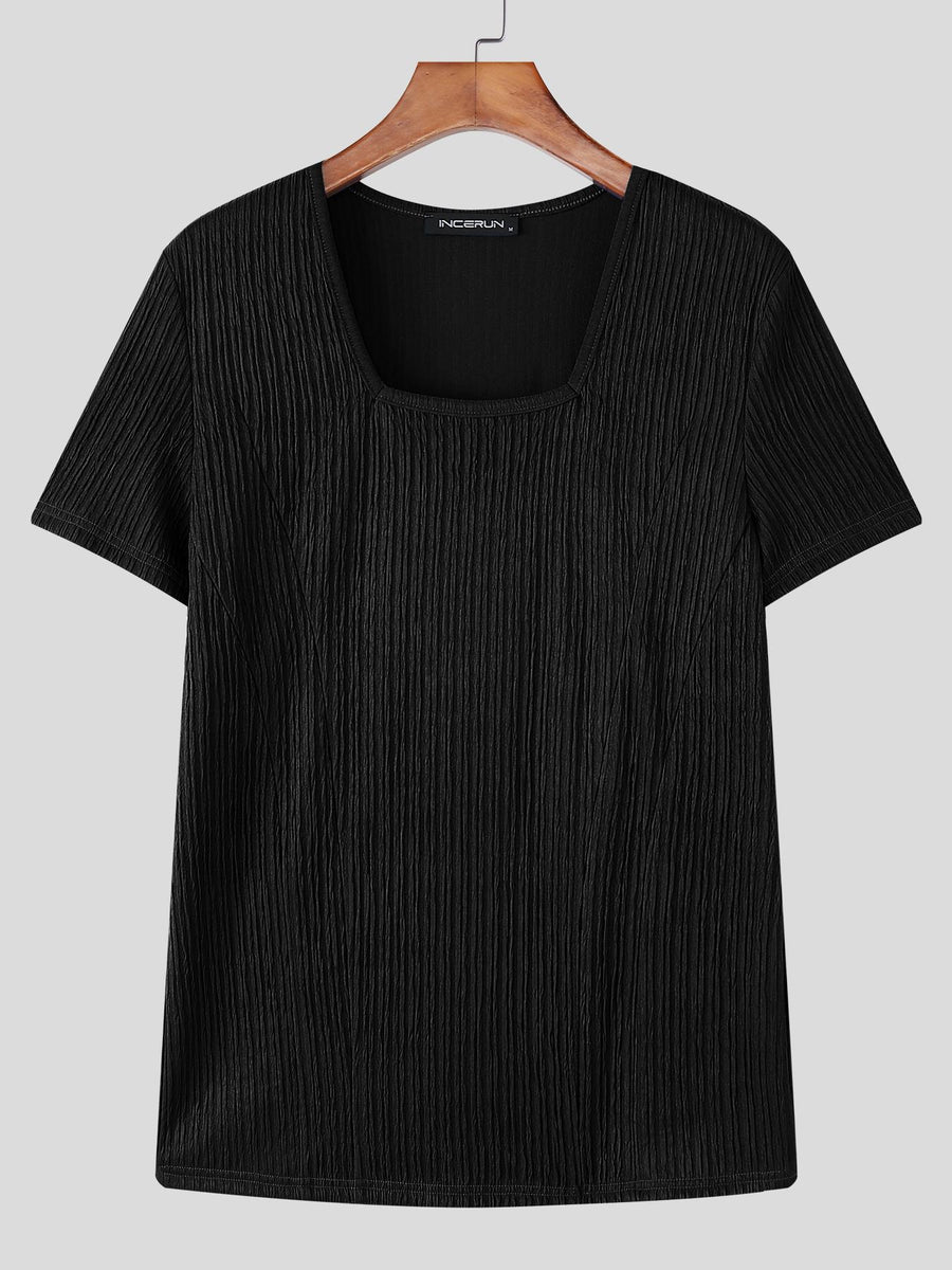 INCERUN Men Square Neck T-Shirt Short Sleeve Basic Tops Holiday Casual Solid Color Tops - Black