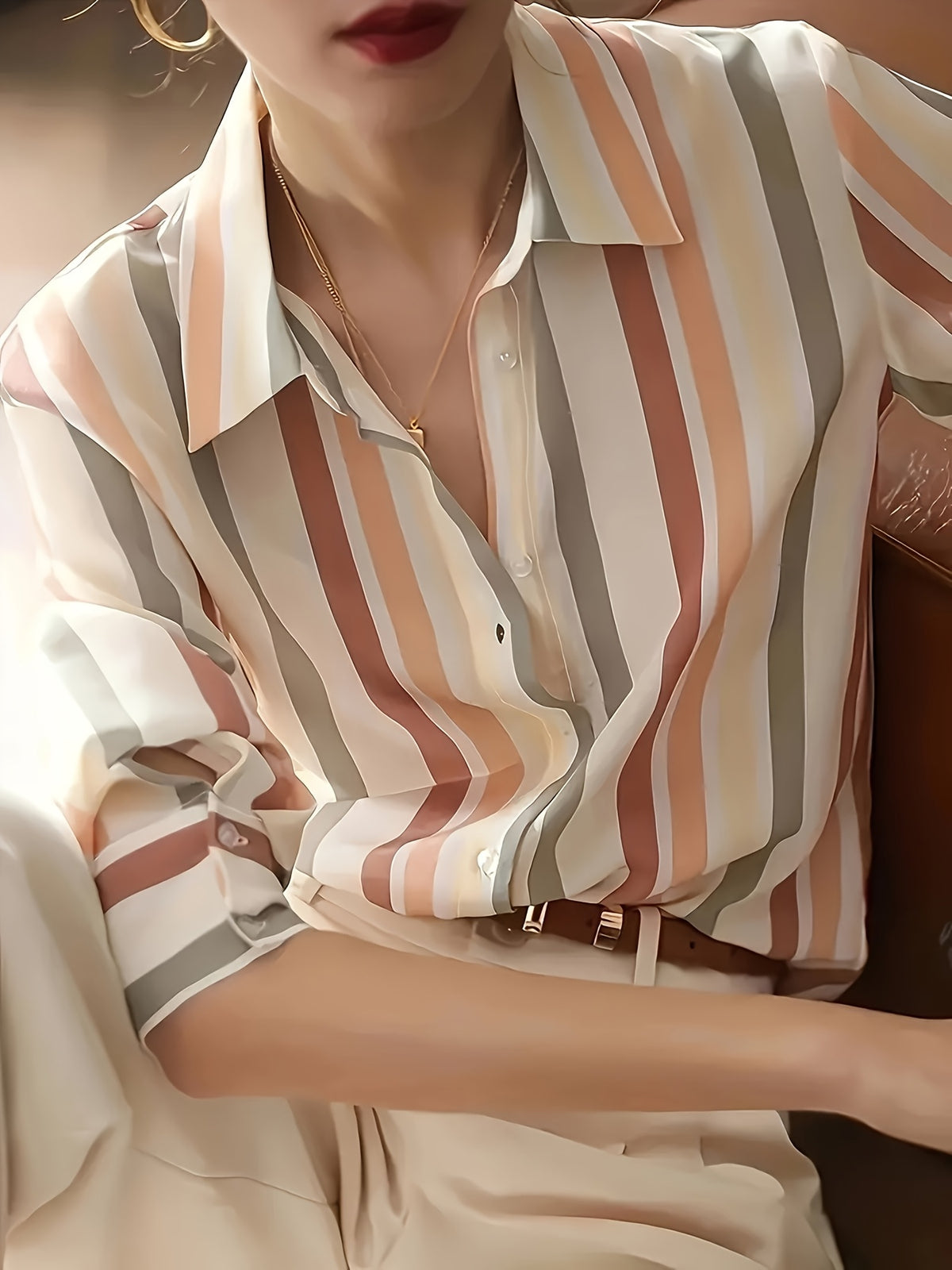 Women'S Casual Striped Shirt, Button-Up Design, Made Of, Suitable for Spring, Summer, And Autumn Casual Or Formal Wear | Classic Lapel Fashion Button-Up, Elegant Women'S Shirt, Beautiful Women'S Shirt, Autumn Women'S Top Trend, Women'S Clothing - Tangerine