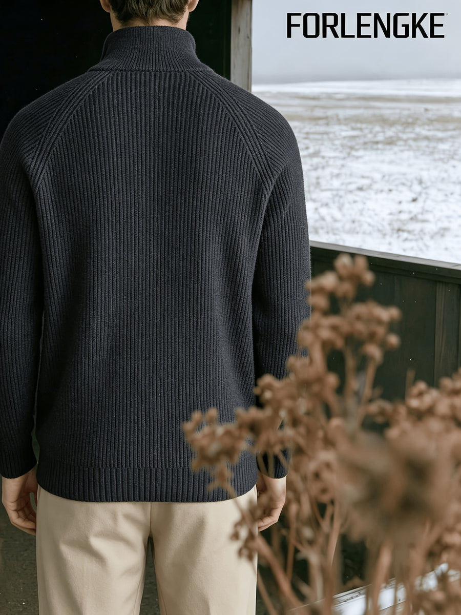FORLENGKE Stylish Elegant Men'S Business Casual Quarter Zip Ribbed Knit Sweater, Soft Warm Long Sleeve Pullover for Fall Winter Office Daily Wear - Black