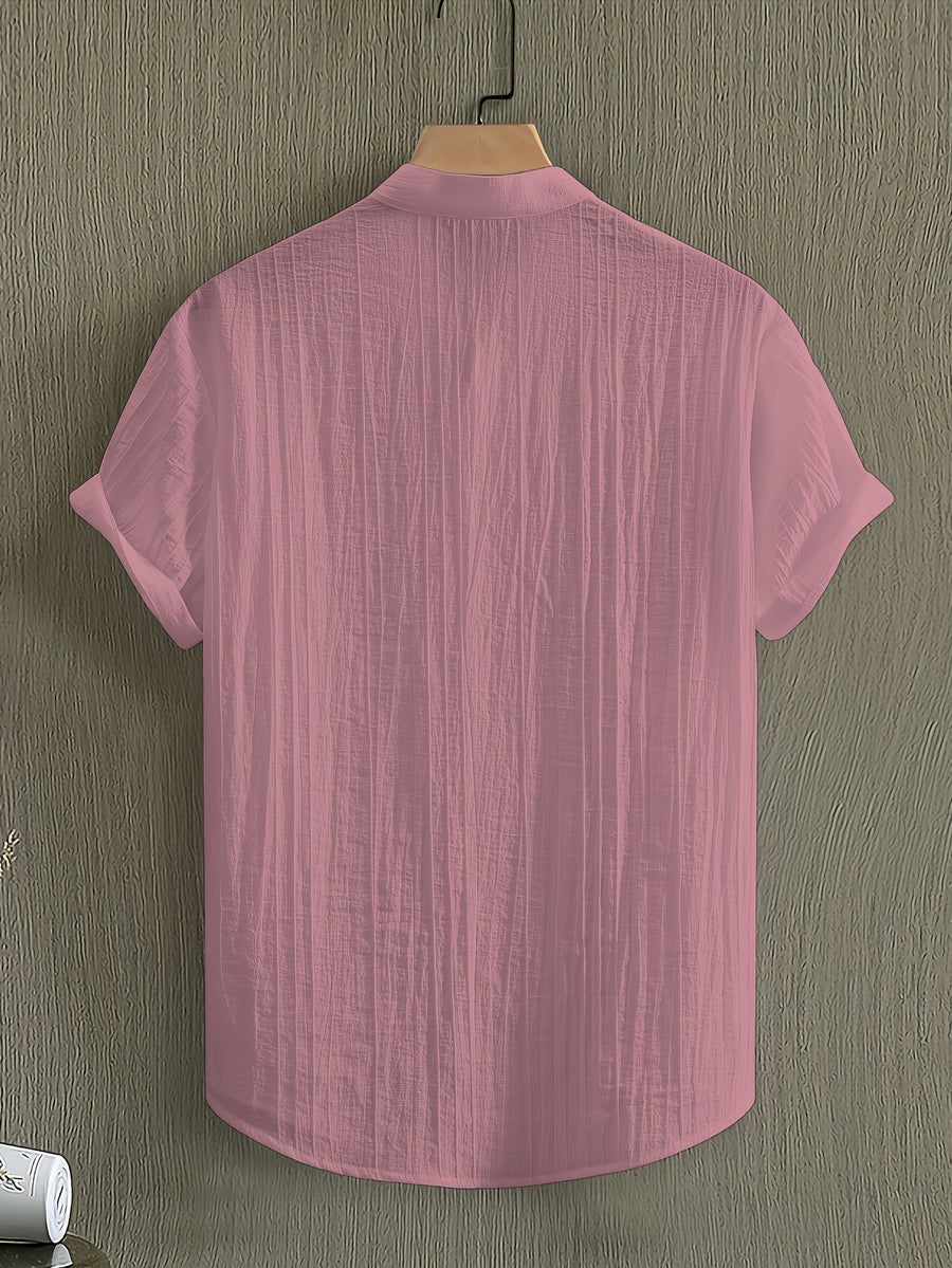 Pearson OBM Men's Summer Solid Color Semi-Transparent Short Sleeve Casual Stand Collar Shirt, Button-Up Fashion Versatile Shirt for Beach Vacation Pool Party - Bean Paste Pink
