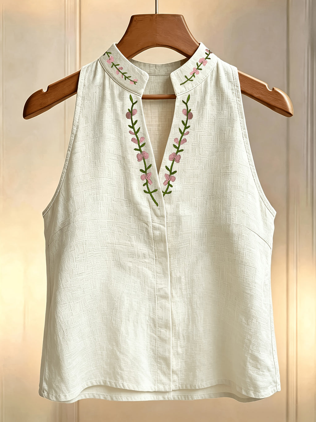 New Embroidered V-Neck Short Collar Women'S Vest for Outing, Vacation, Fashion, Commute, Fresh Sleeveless Top - Light Beige