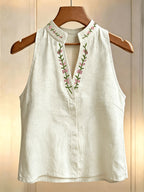 New Embroidered V-Neck Short Collar Women'S Vest for Outing, Vacation, Fashion, Commute, Fresh Sleeveless Top - Light Beige