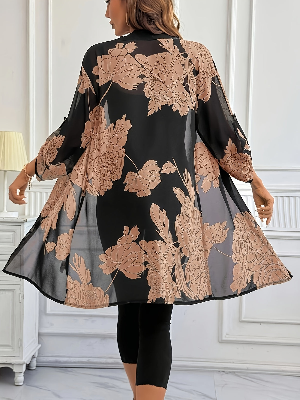 Women's New Spring/Summer Floral Print Roll-Up Sleeve Loose Fit Mid-Length Shirt with Front Buttons, a Stylish and Elegant Everyday Black Floral Print Commuter Versatile Casual Top, Suitable for Travel, Vacation, Office, and Daily Wear - Orange