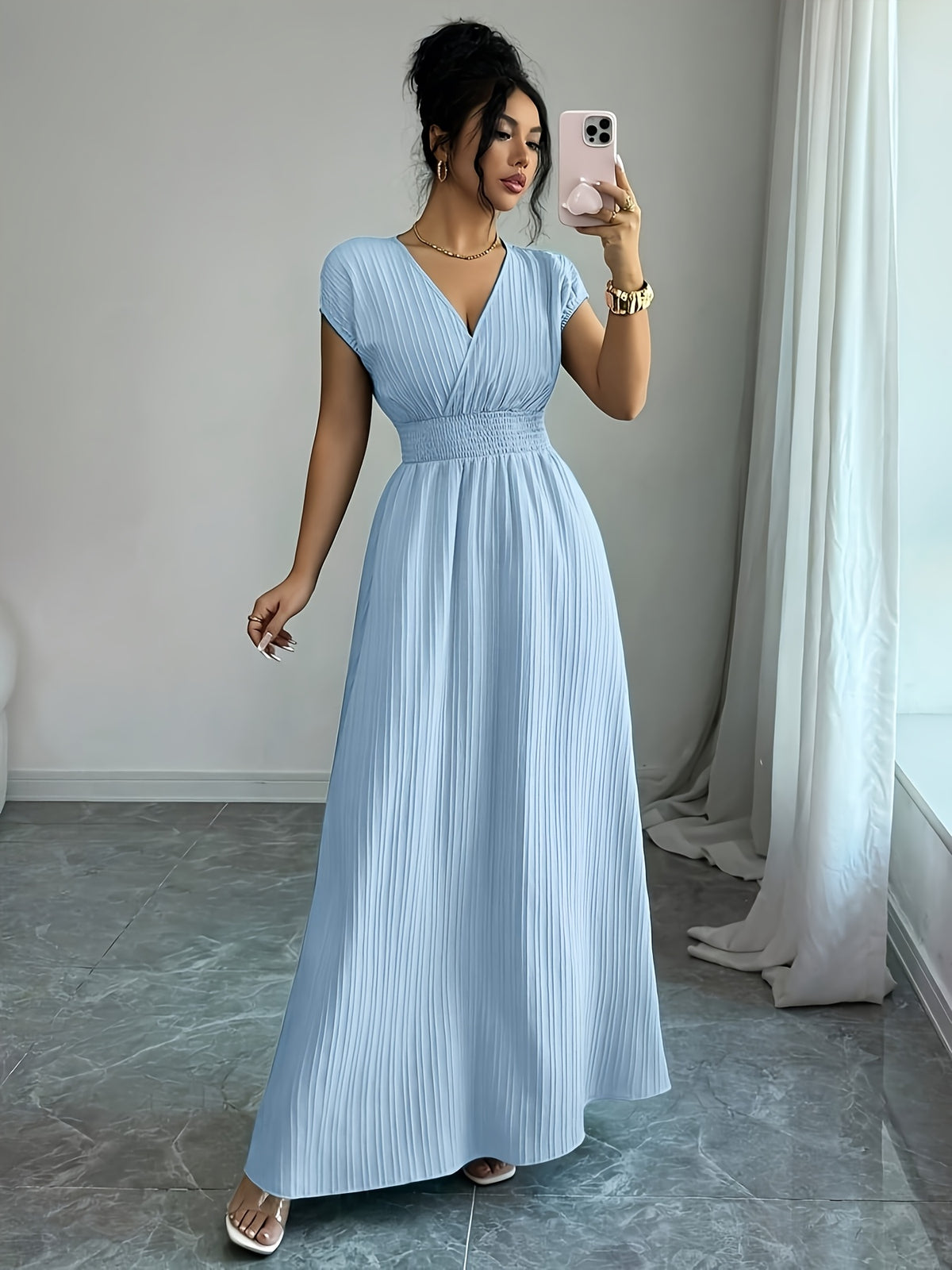 Women's V-neck Sleeveless Midi Dress, Textured Fabric, Cinched Waist Design, Elegant Vacation Style, Spring/summer Collection - Sky Blue
