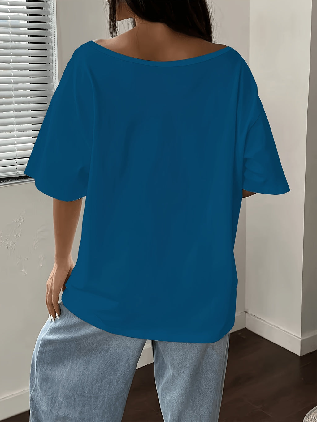 Women's Off-Shoulder Short Sleeve T-Shirt - Breathable Stretch Fabric Oversized Loose Fit Top with Off-Shoulder Neckline & Lettering Print, Soft Suitable for Spring Summer Beachwear, Casual Blouse for Layering - Sea Blue