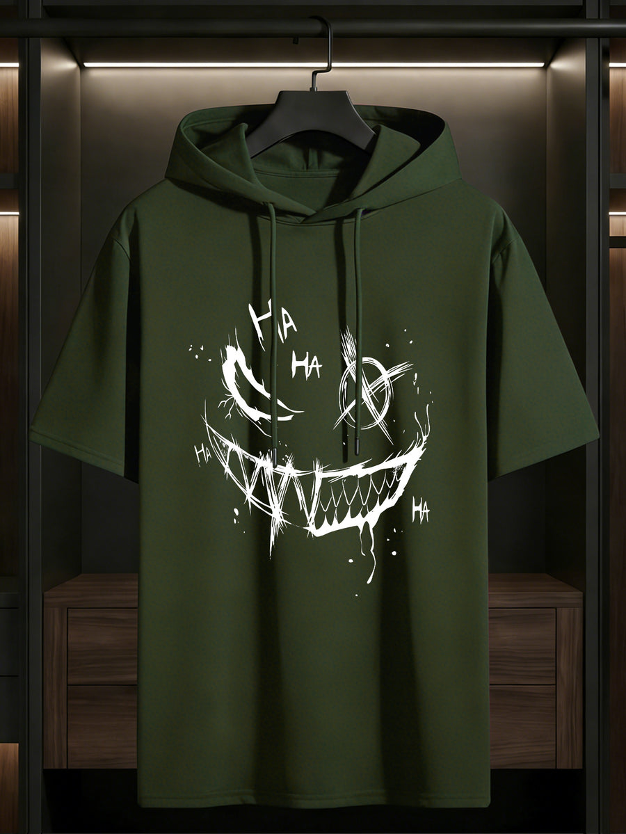 Men's Hooded Short-Sleeve Dark Graffiti Joker Print, a Summer Essential for Men. Features a Comfortable Patterned Print, Suitable for Multiple Occasions, and Is the Top Choice for Fitness and Outdoor Sports Enthusiasts - fern green