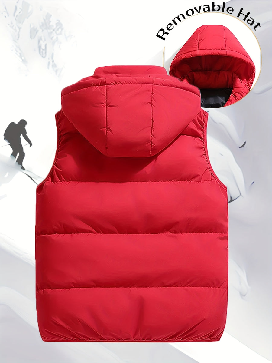 Men'S Autumn Winter Solid Color Vest, Outdoor Casual Fashion Thickened Waistcoat, Quilted Casual Warm Jacket with Removable Hood, Zippered Pockets, Men'S Cold Weather Jacket Top. Suitable for Multi-Scene Wear - Red